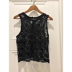 VTG Y2K Charlotte Russe Black Crochet Top Crew Neck Tank Floral Womens M Zip USA